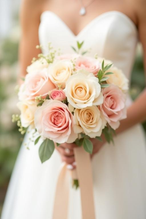 Elegáns pasztell árnyalatú menyasszonyi csokor.